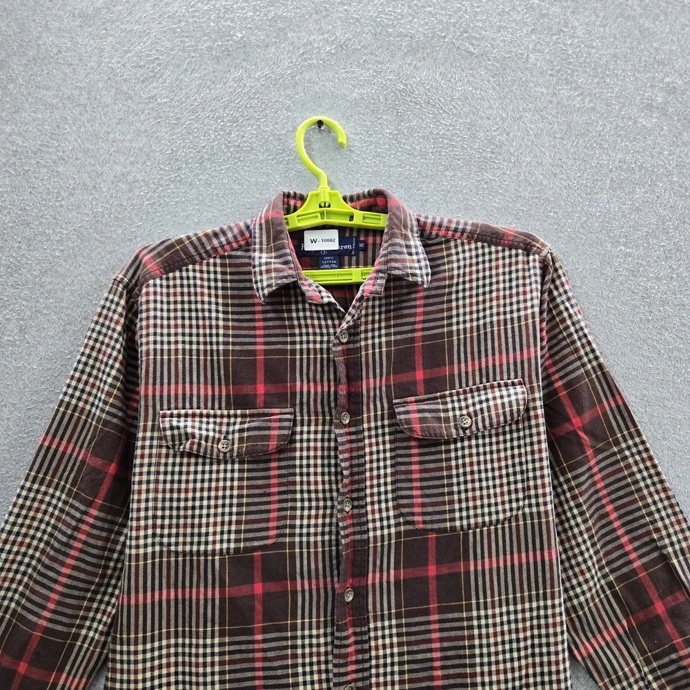 Ralph Lauren Boy Button Up Shirt 12 Brown Embroidered Plaid Pony Western Flannel